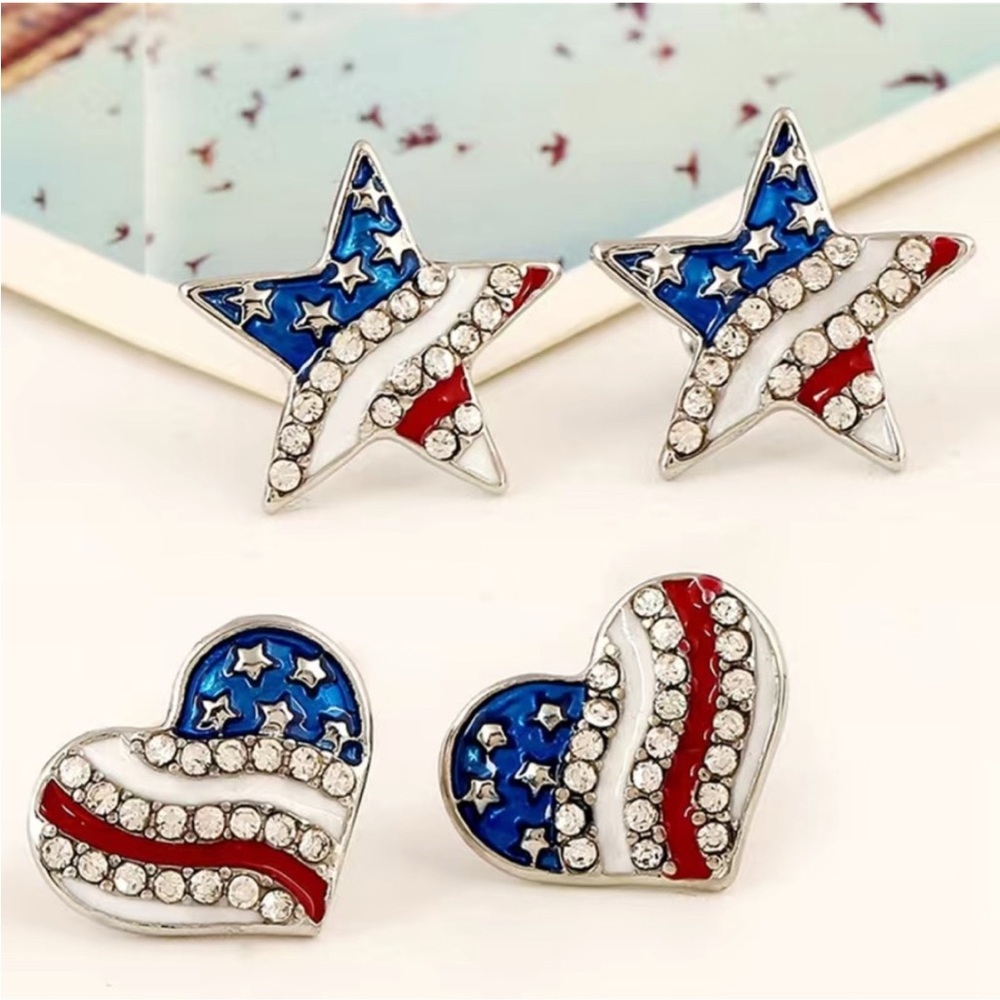 Earrings American Flag Red, White, Blue, Rhinestone Star Shape & Heart Shaped